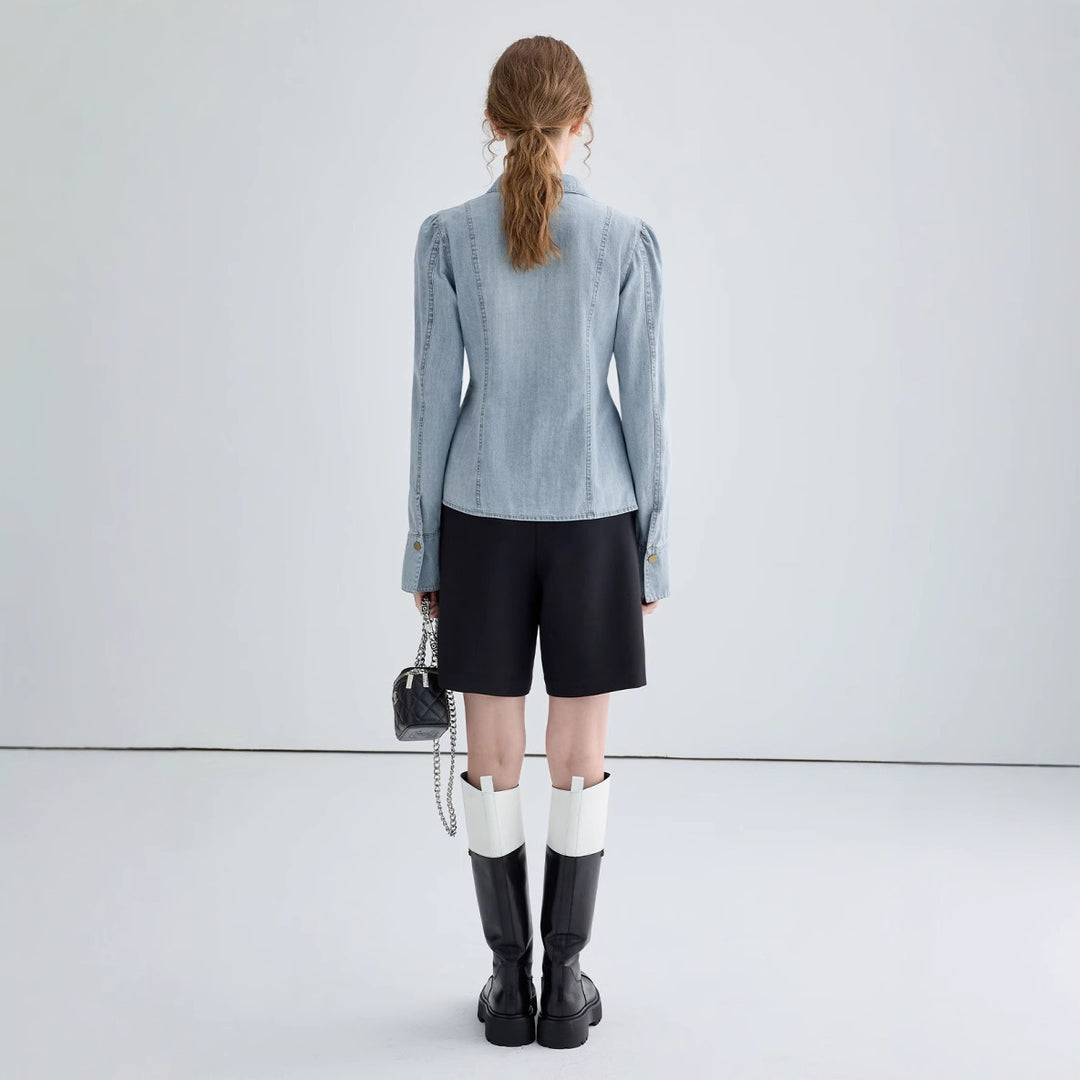 Elegant denim blouse for women with lace closure Lune London