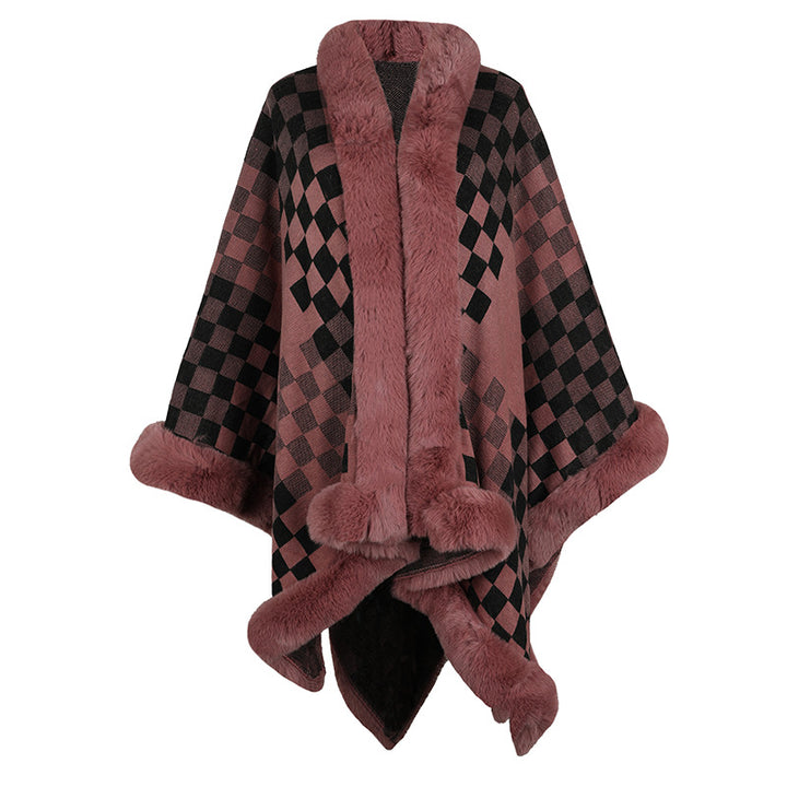 Elegant knitted poncho for women with luxurious faux fur insert and geometric pattern Lune London