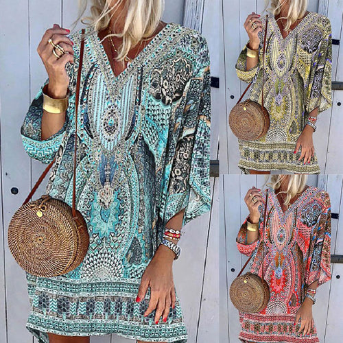 Light kaftan dress for women with a deep V-neckline and bell sleeves Lune London