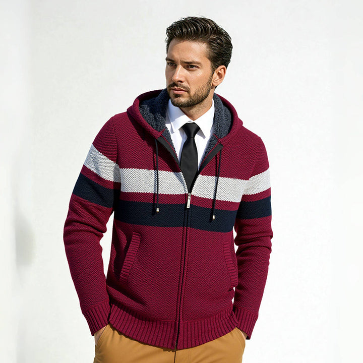 Men's trendy knit hoodie with contrasting decorative stripes and practical pockets Lune London