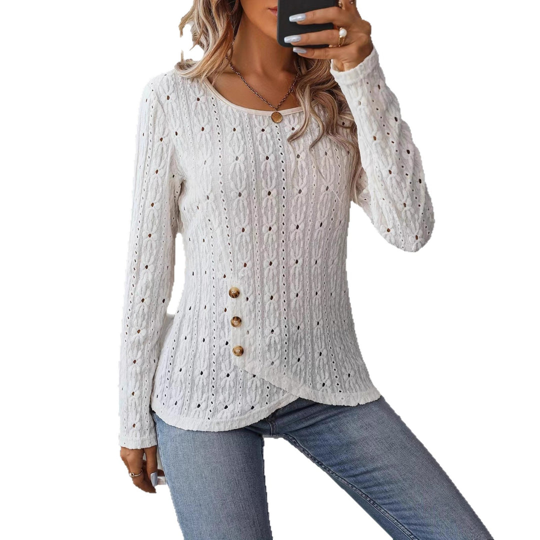 Long sleeve blouse for women with an intricate crochet pattern and chic button details