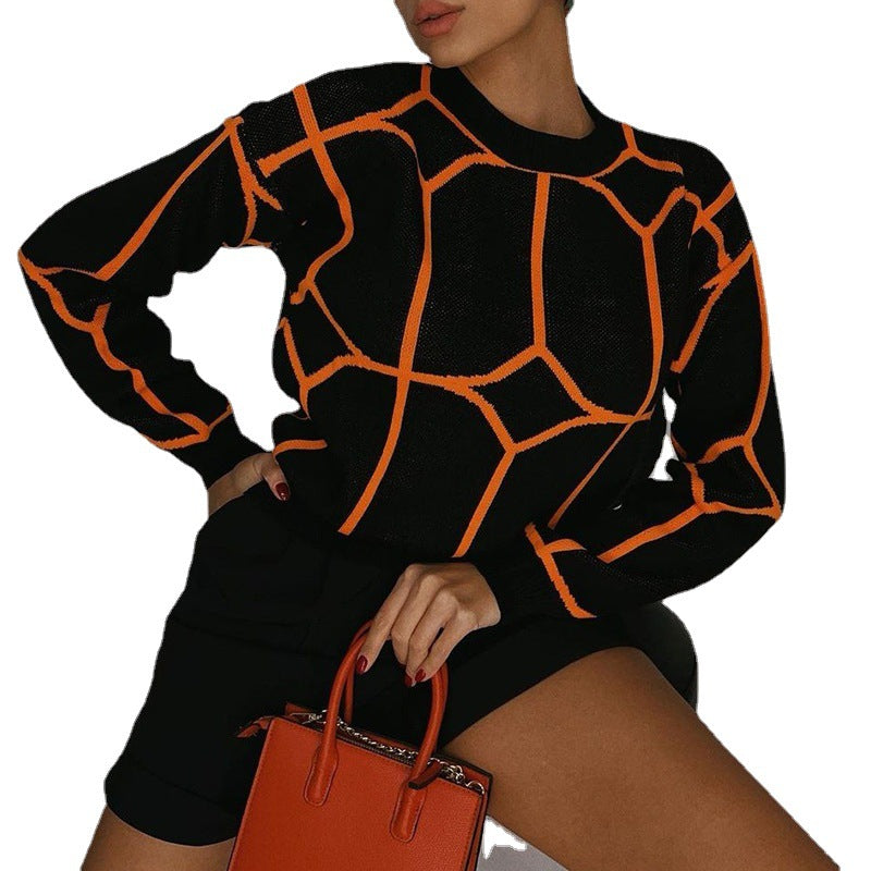 Ladies Elegant Knitted Sweater with Geometric Pattern and Round Neck Lune London