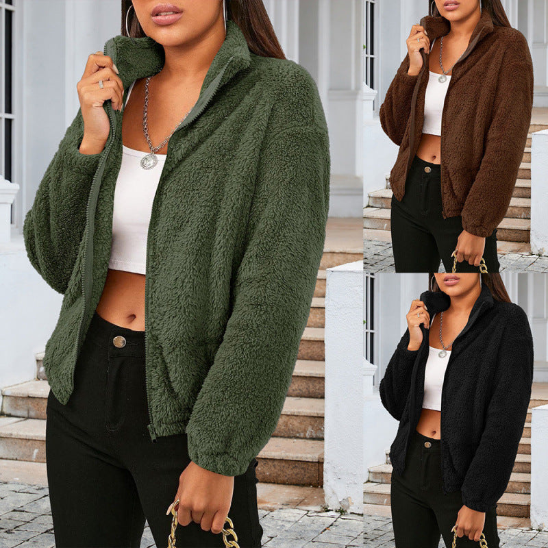 Ladies cozy fleece jacket with high collar and zipper Lune London