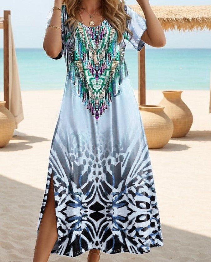 Maxi dress for women with eye-catching sequin embellishments and floral pattern Lune London