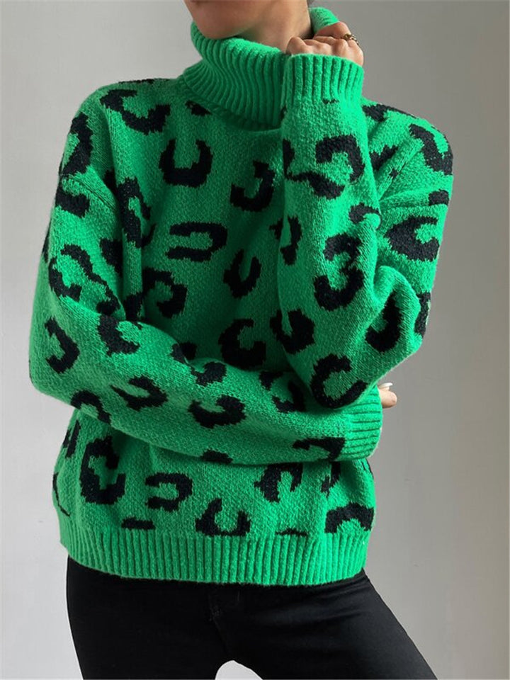 Lune London Women’s High Neck Sweater with Leopard Pattern
