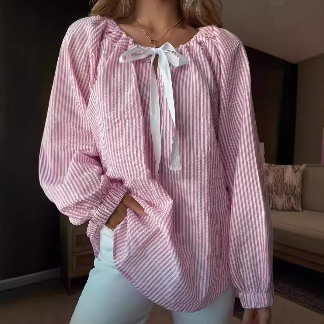 Ladies' blouse with elastic neckline and bow tie Lune London