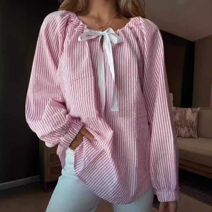 Ladies' blouse with elastic neckline and bow tie Lune London