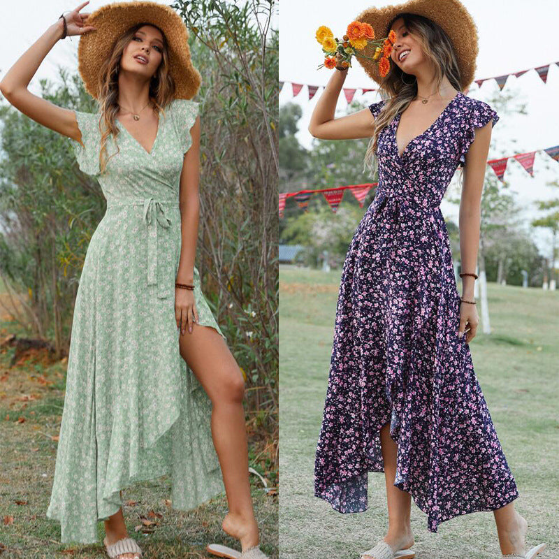 Lune London women's maxi dress with fluid sleeves and floral height difference