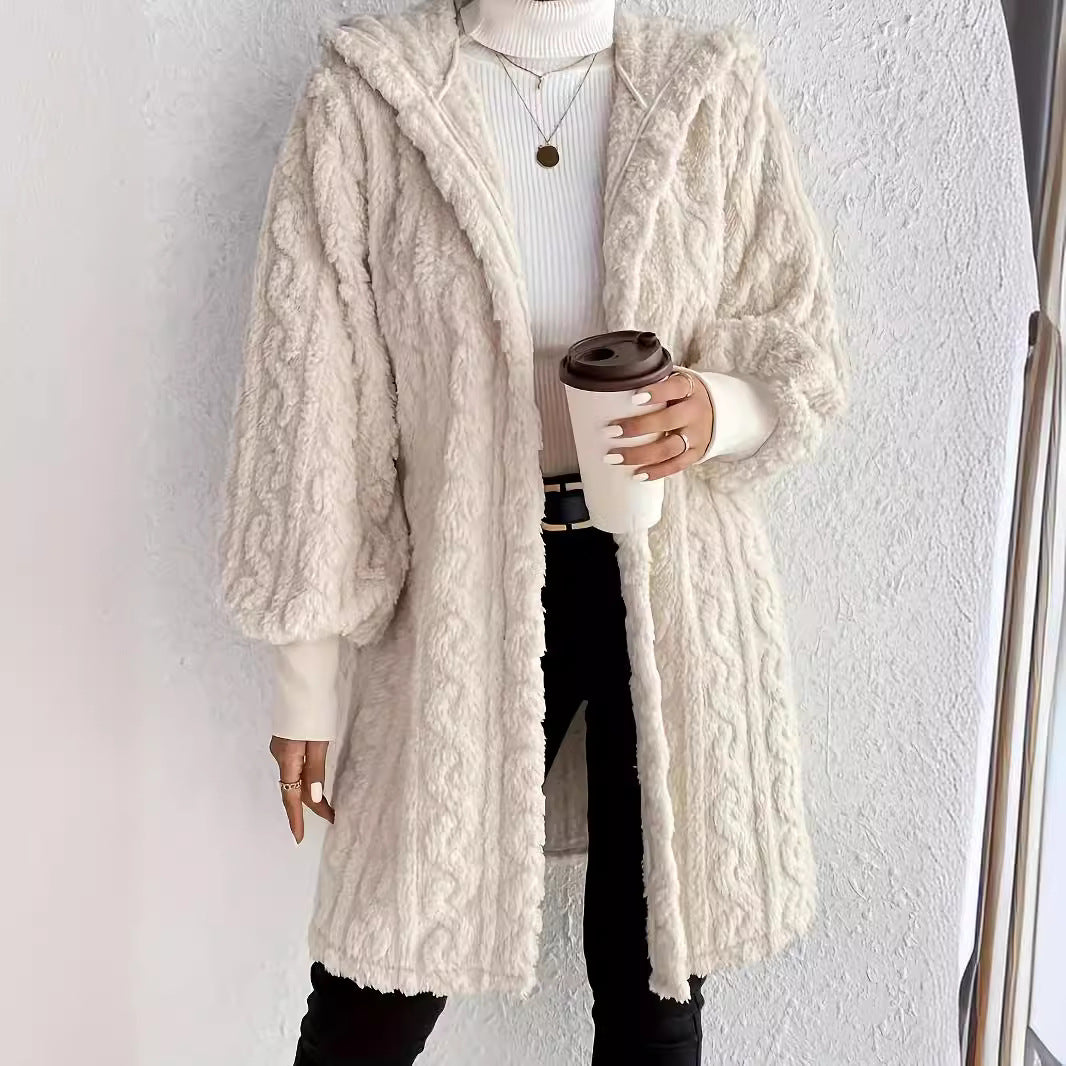 Women’s hooded coat in soft plush material with textured design Lune London