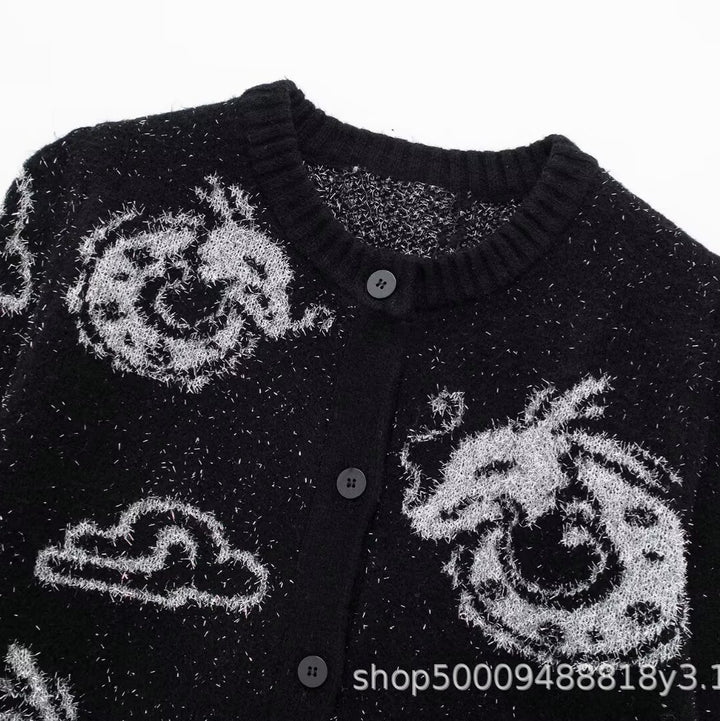Knit jacket for women with a unique dragon pattern and button closure Lune London
