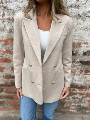 Ladies Elegant Double-Breasted Blazer with Textured Fabric and Gold Buttons Lune London