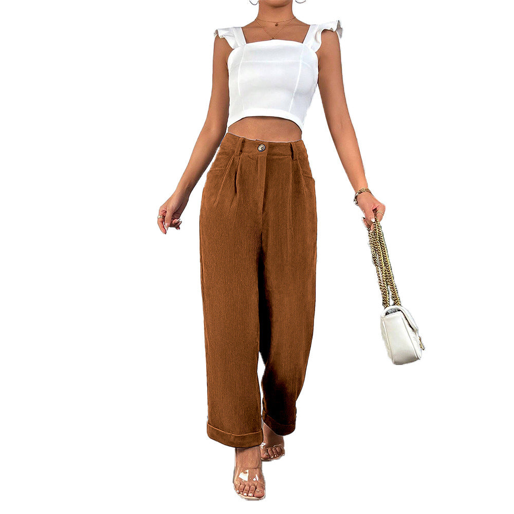 Pantalons en velours côtelé larges pour femmes avec taille mi-haute et plis élégants Chic & Stil