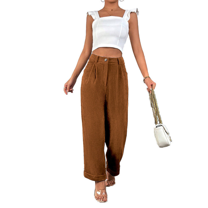 Pantalons en velours côtelé larges pour femmes avec taille mi-haute et plis élégants Chic & Stil