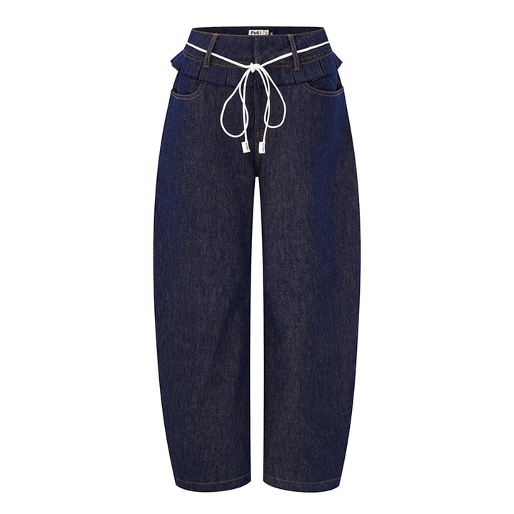 Pantalons en denim larges pour femmes avec taille haute et plis à la mode.