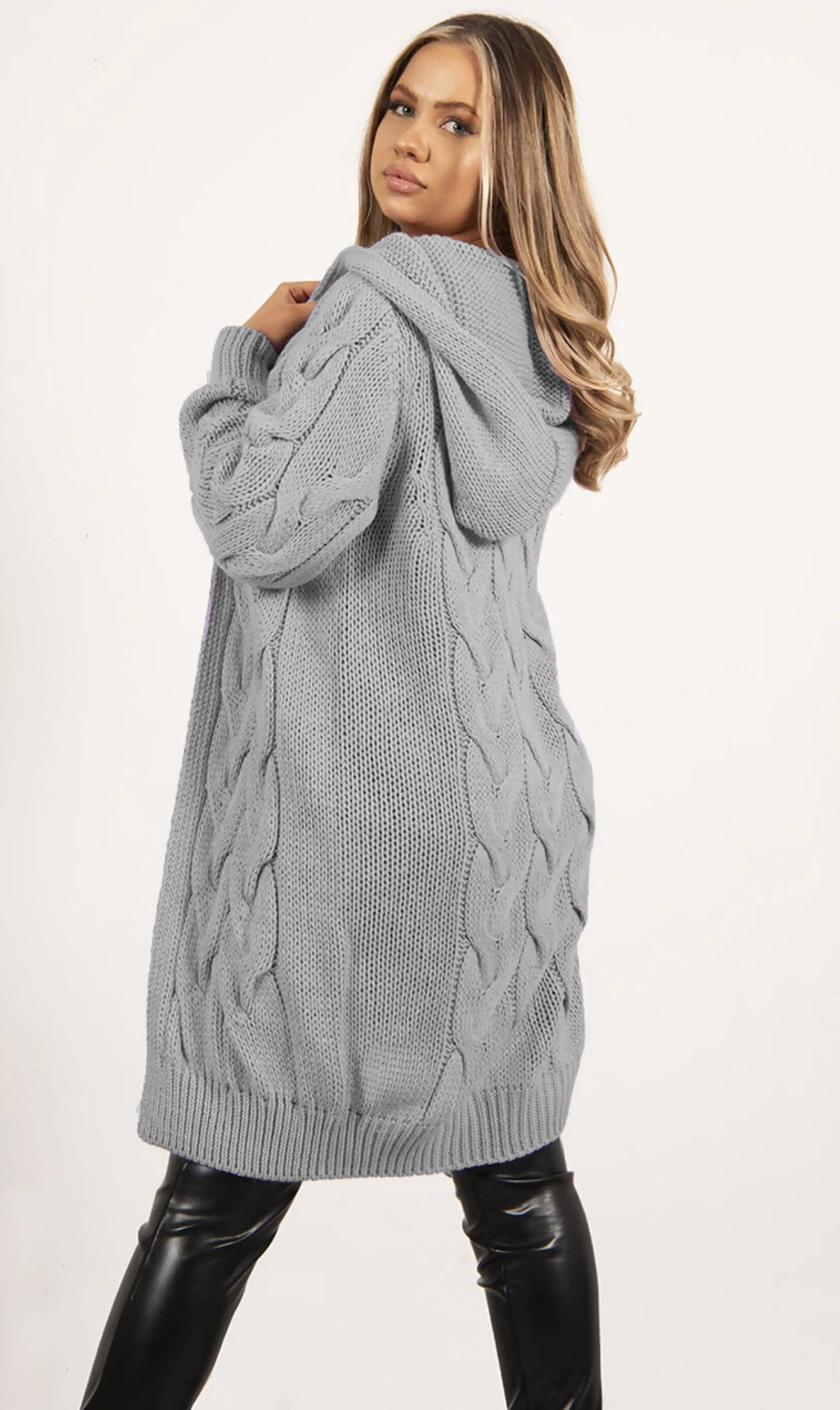 Ladies Chunky Knit Cardigan with Hood and Practical Pockets Lune London