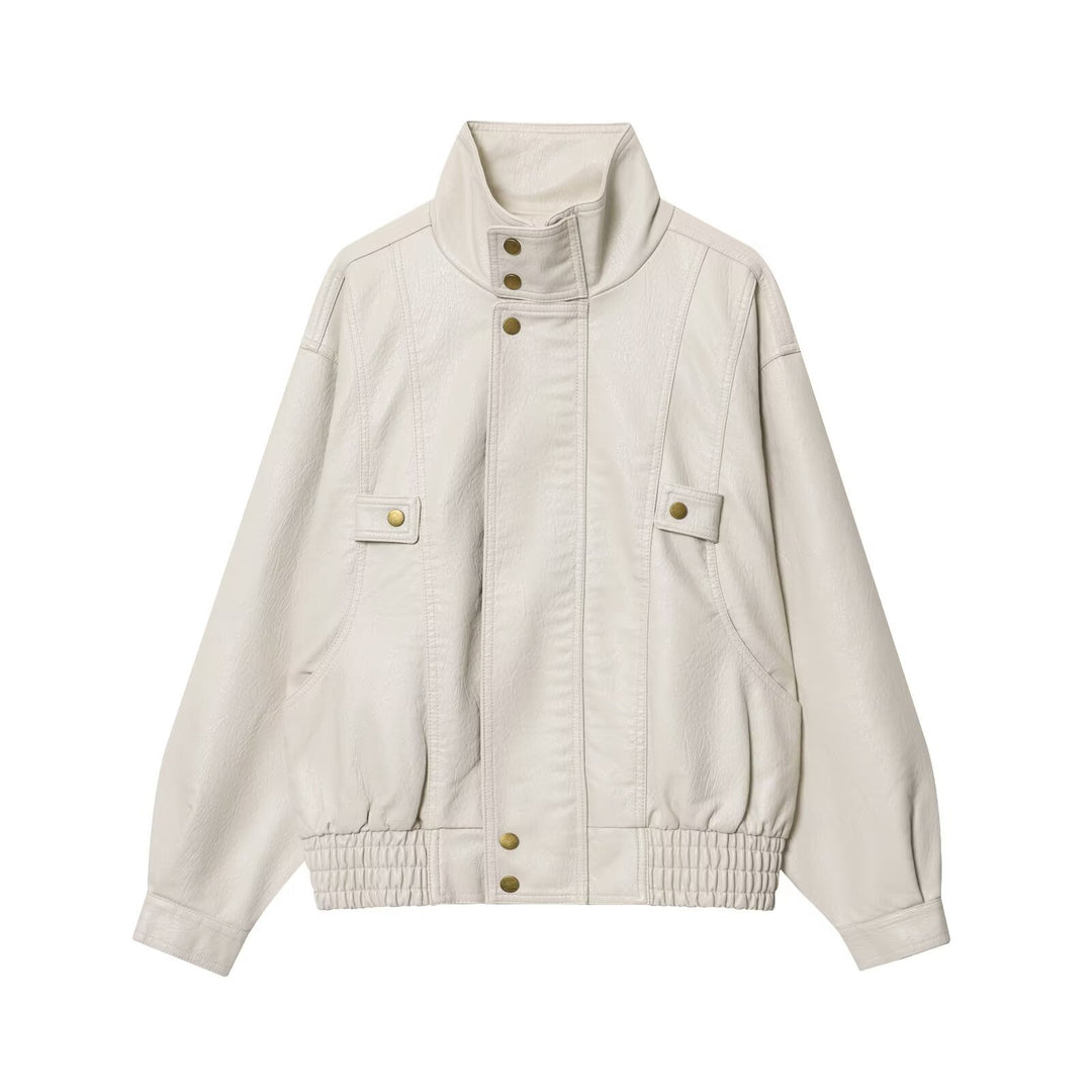 Women’s faux leather jacket with high collar and practical button details Lune London