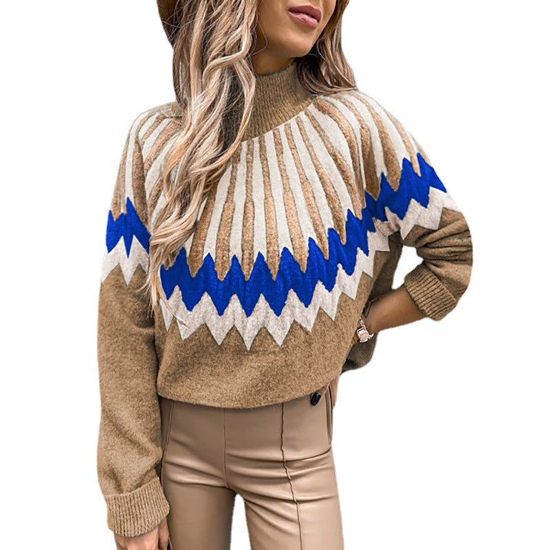 Lune London Thick Knit Sweater for Women with Intense Graphic Design and High Collar