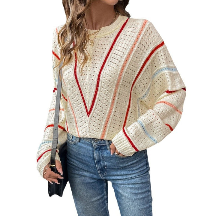 Knitted sweater for women with a generous openwork pattern structure and colorful accents Lune London