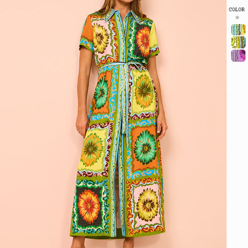Chic & Stil Women's Maxi Dress in Floral Patchwork with Concealed Button Closure and Waist Belt