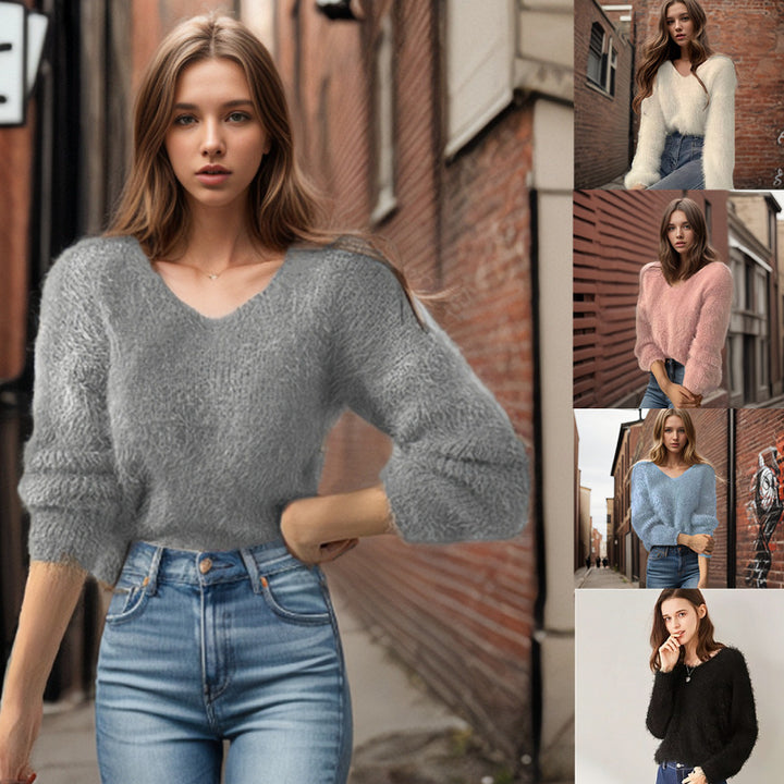 Ladies viscose sweater with voluminous sleeves and V-neck Lune London