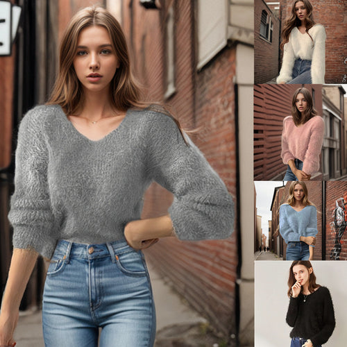 Ladies viscose sweater with voluminous sleeves and V-neck Lune London