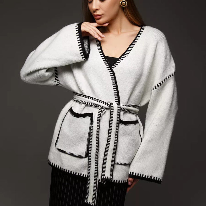 Knitted jacket for women with belt and large pockets Lune London