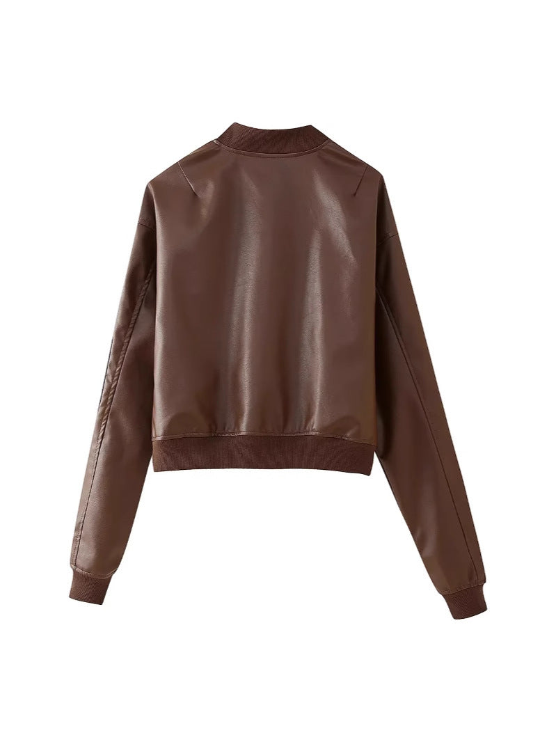 Women's leather bomber jacket with practical zip pockets and elastic waist Lune London