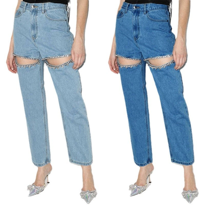 Women's jeans with decorative cutouts and rhinestone accents Lune London