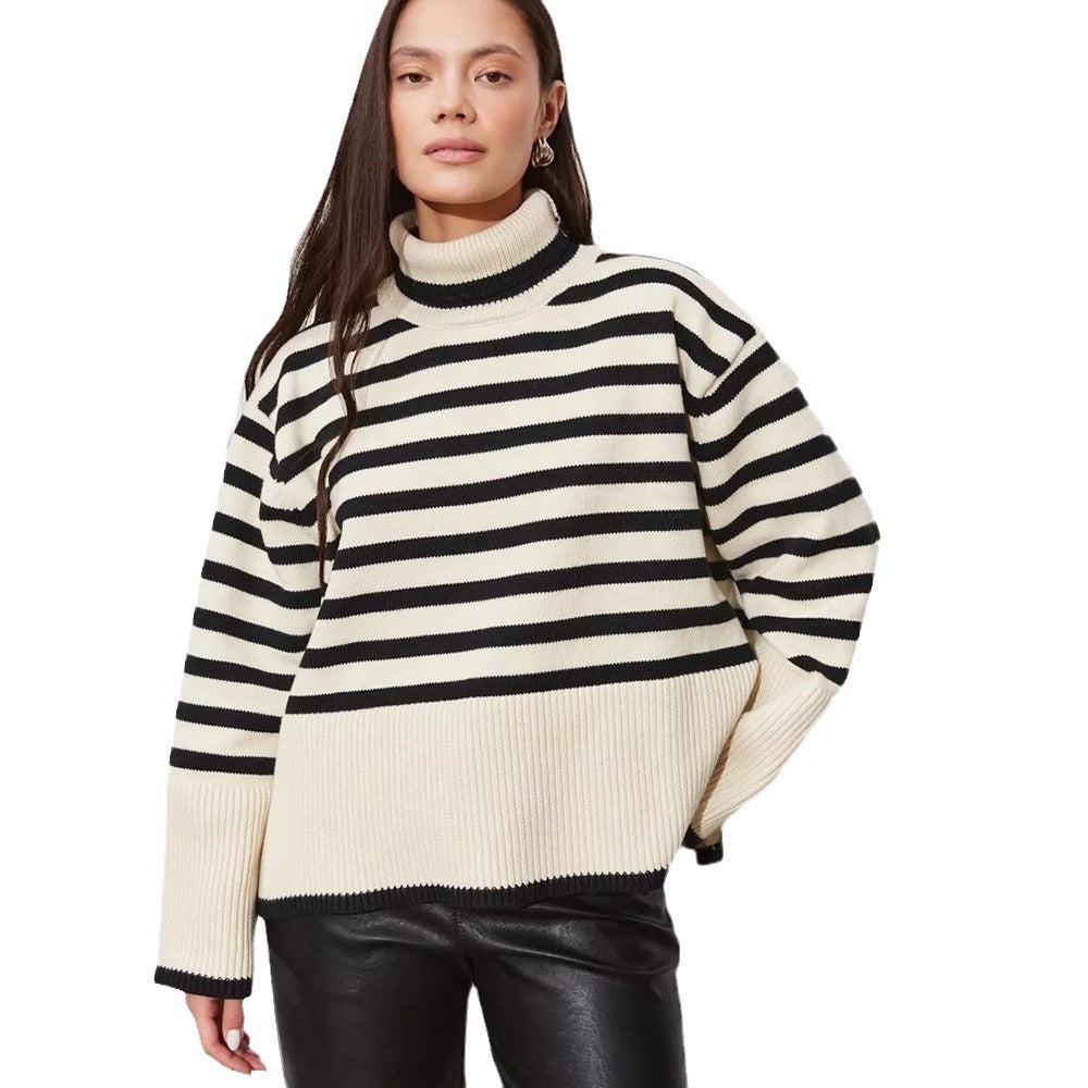 Pull en maille épaisse pour femmes avec col montant et rayures bretonnes Chic & Stil