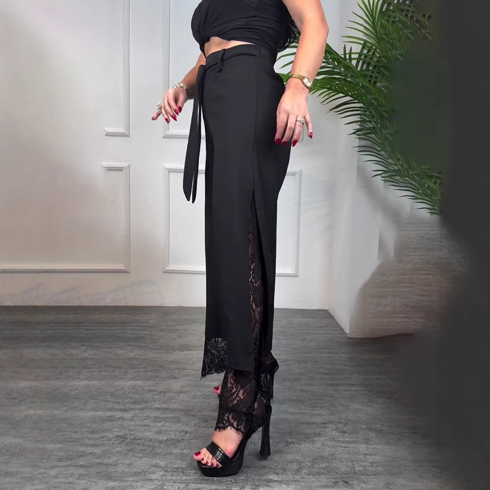 Pantalons longs élégants pour femmes avec de la dentelle transparente et des fentes Chic & Stil
