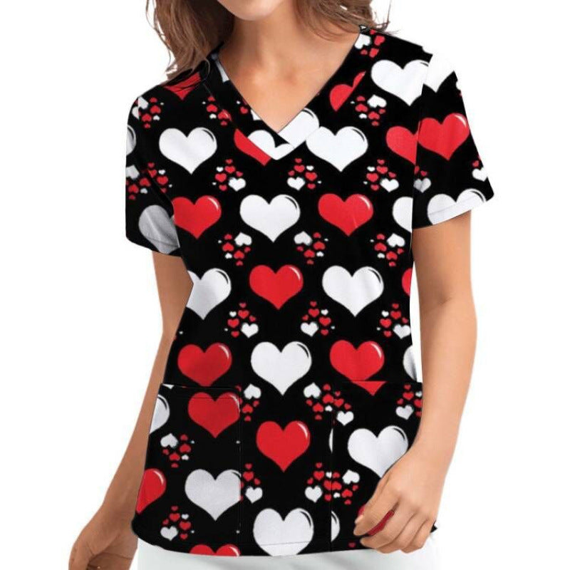 Women V Neck Heart Pattern Chic Medical Blouse and Style