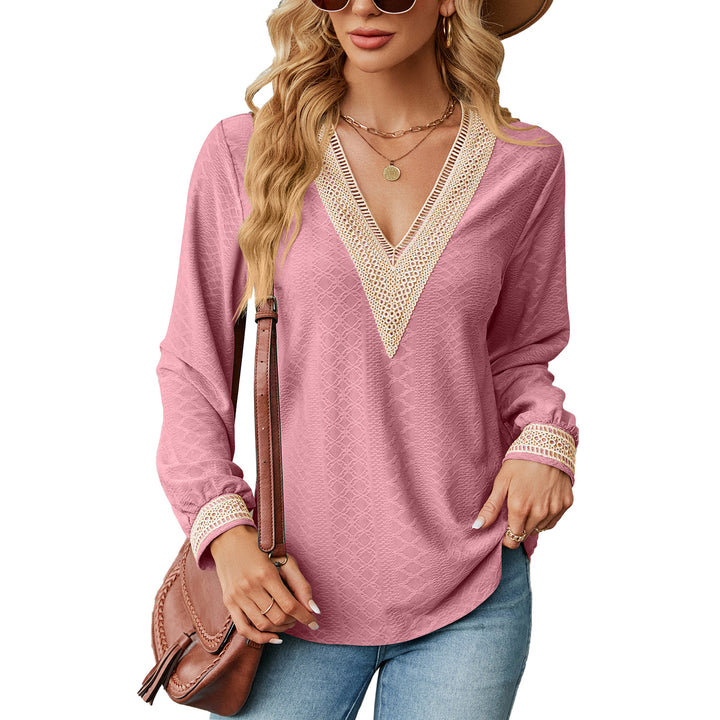 Long sleeve blouse shirt for women with decorative V-neck and crochet elements Lune London