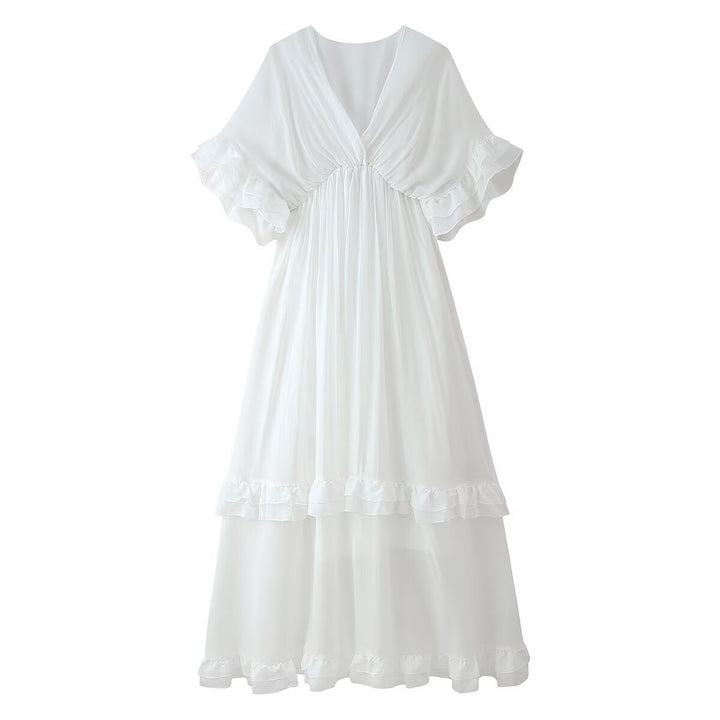 Maxi dress for women with voluminous ruffle details and an elegant V-neck Lune London
