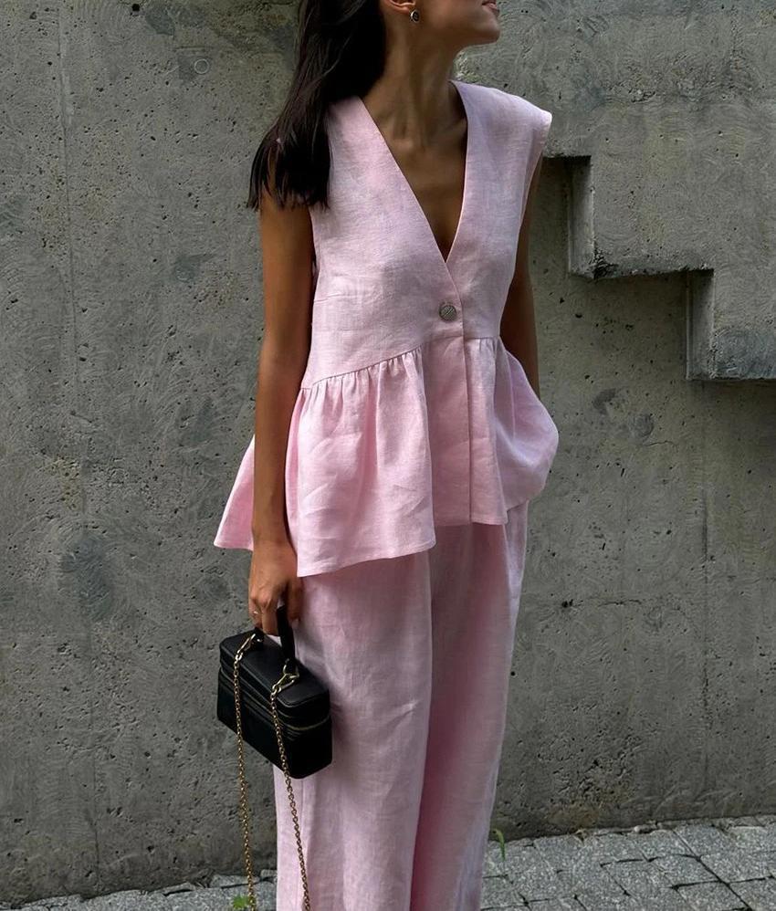 Ladies Elegant Linen Pantsuit Chic and Stylish