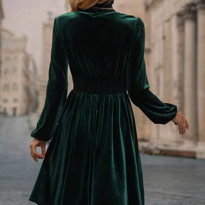 Women Velvet Dress with High Neck Design and Elegant Long Sleeves Lune London