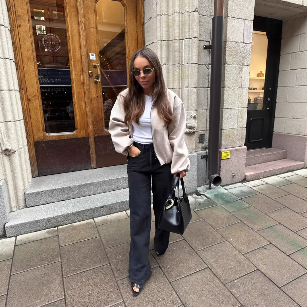 Fashion transitional jacket for women with a high collar and voluminous sleeves Lune London