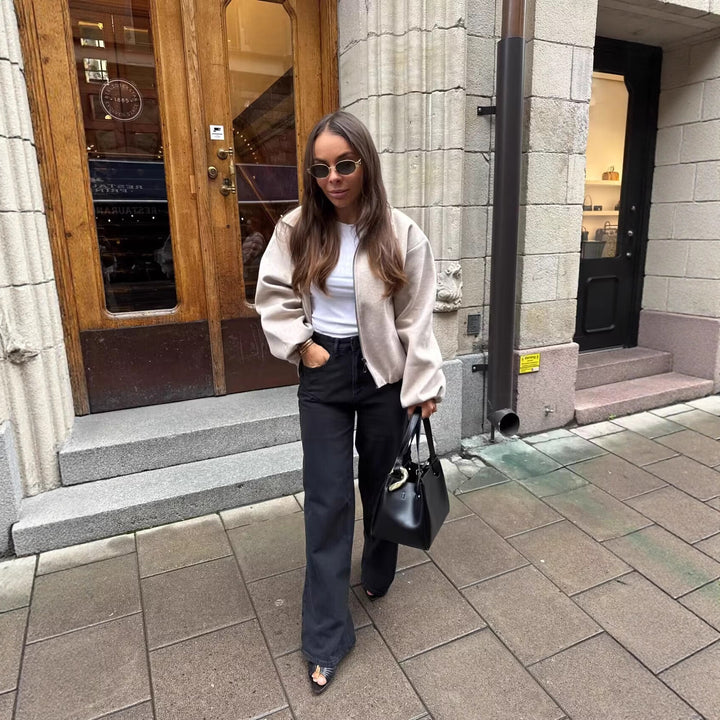 Fashion transitional jacket for women with a high collar and voluminous sleeves Lune London