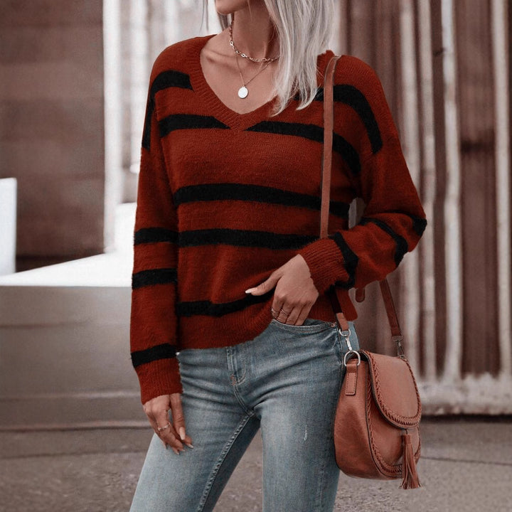 Women's sweater with V-neck, wide stripes and soft material Lune London