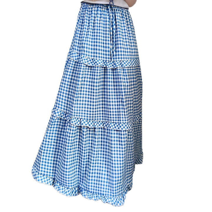Women Long Plaid Skirt with Voluminous Tiered Design Chic & Stil