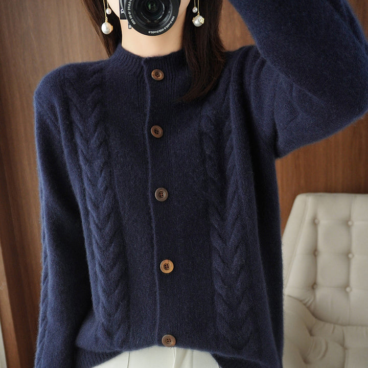Comfortable knit jacket for women with cable pattern and button placket Lune London