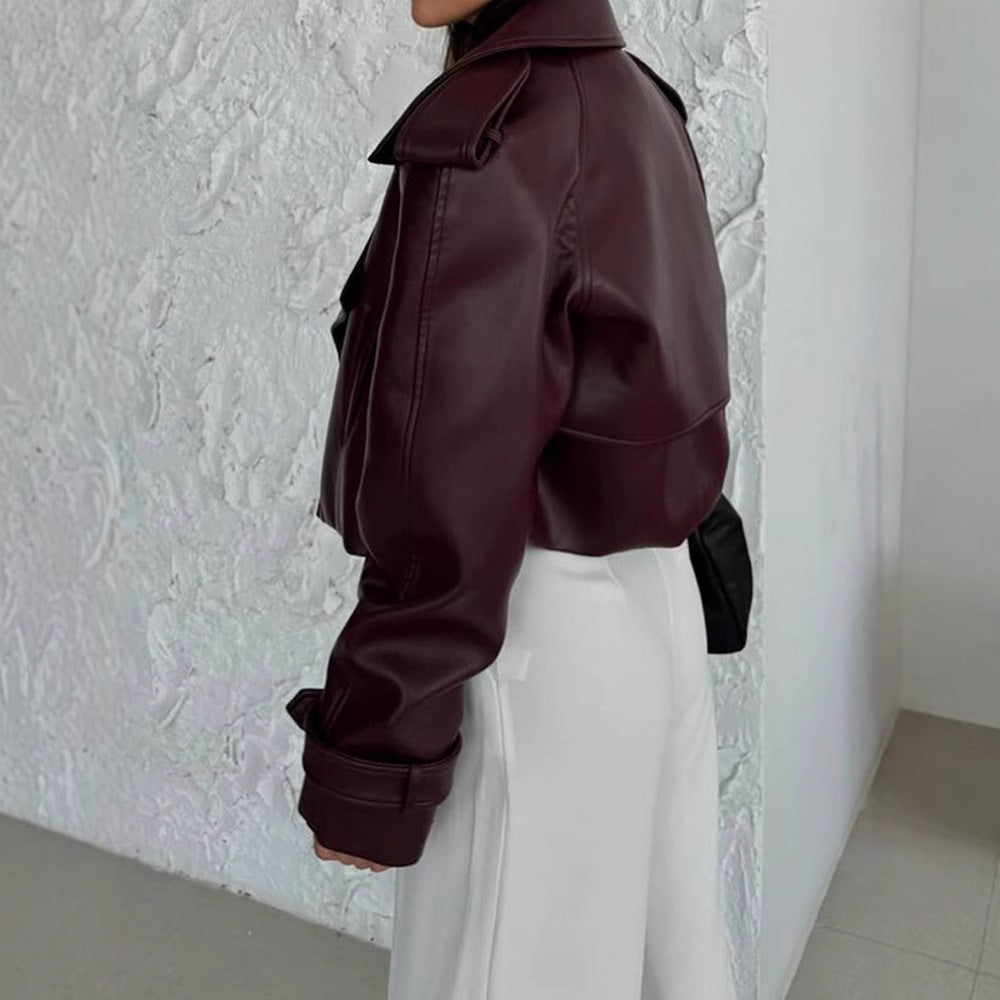 Women's faux leather biker jacket with wide lapels Lune London