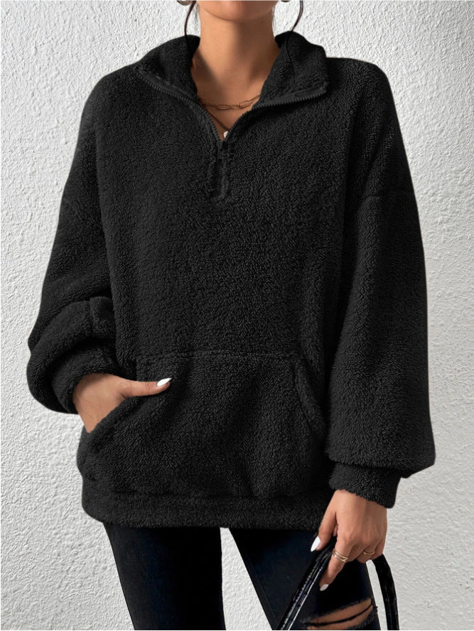 Women's Cozy Fleece Pullover with Stand-Up Collar and Side Pockets Lune London