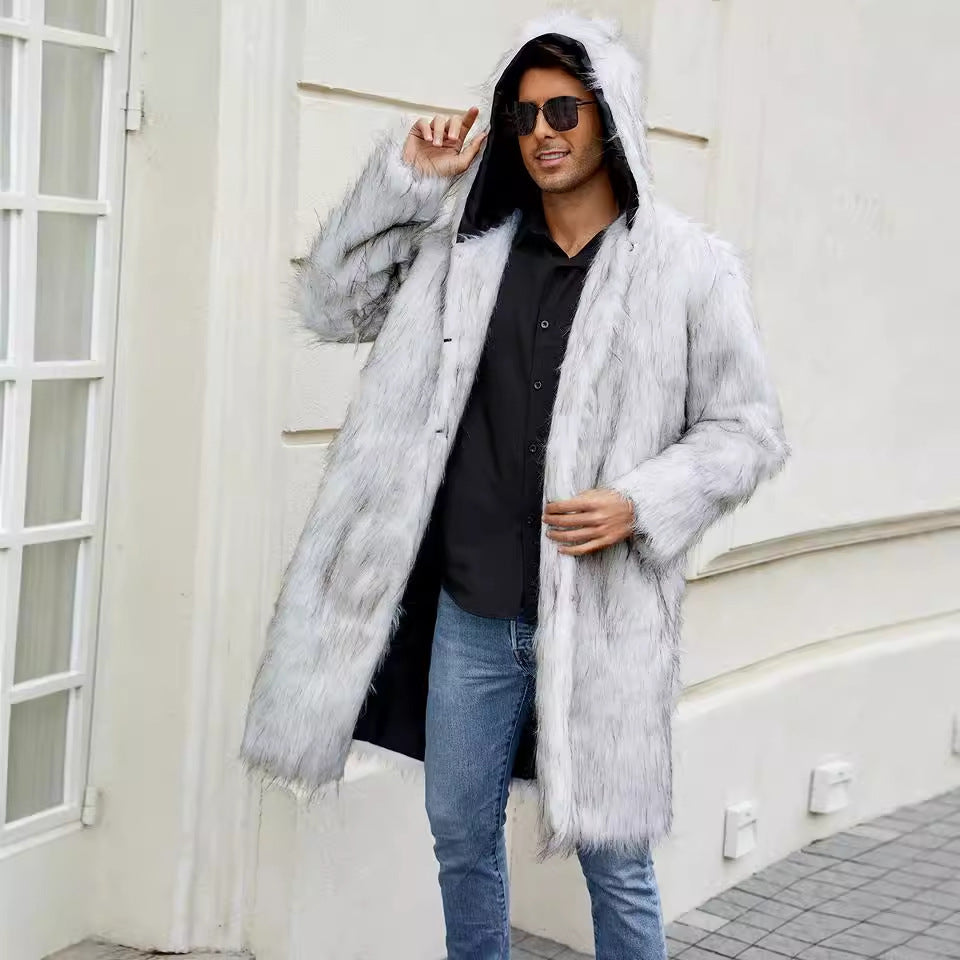 Long coat for men with hood in soft faux fur Lune London