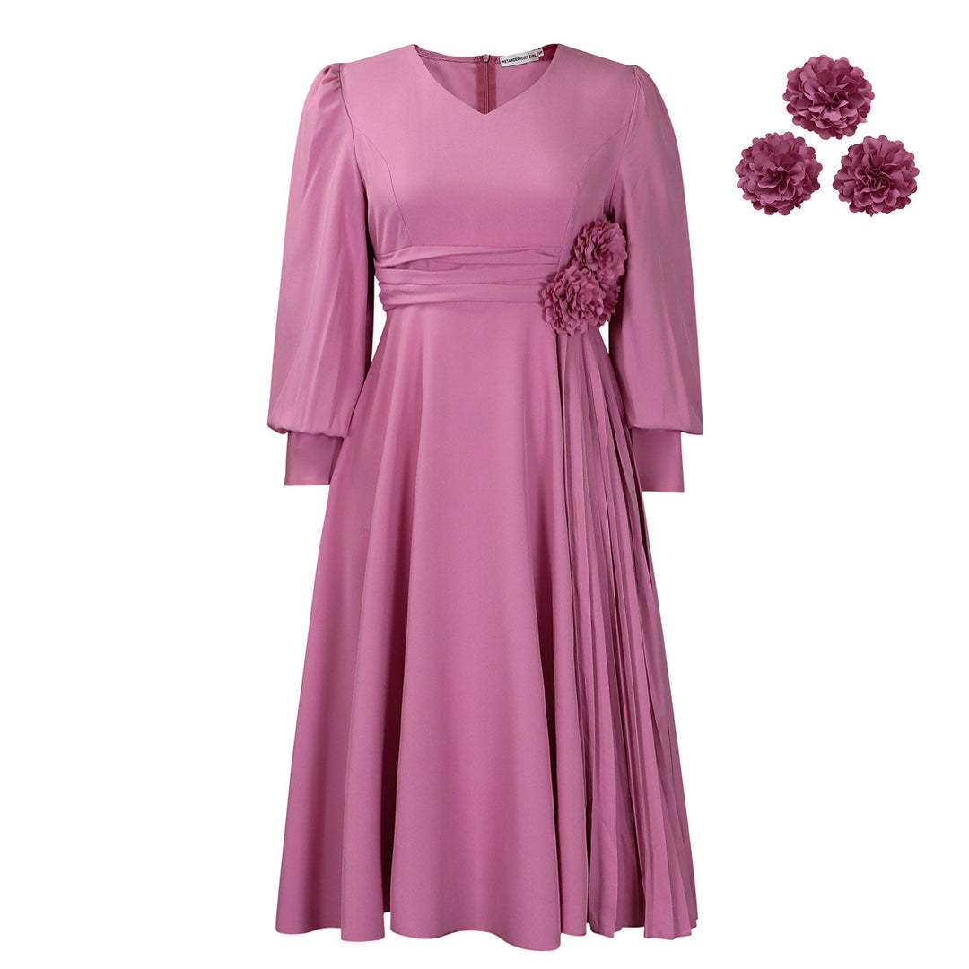 Elegant dress for women with decorative floral accent and draping Lune London