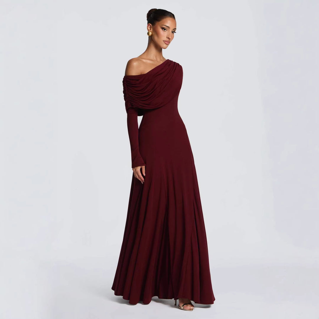 Women Elegant Long Sleeve Maxi Dress with Asymmetrical Draping Detail Lune London