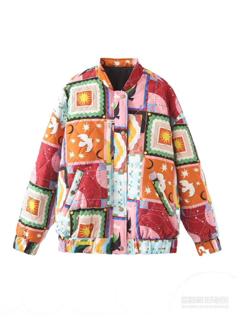 Ladies quilted jacket design with colorful patterns Lune London