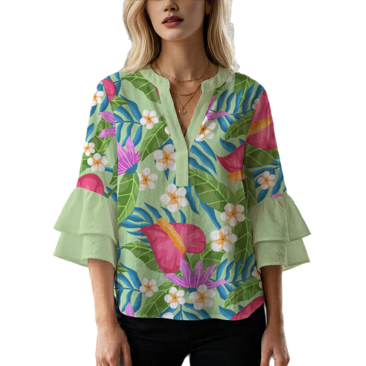 Ladies elegant top with voluminous ruffle hems and floral design Lune London
