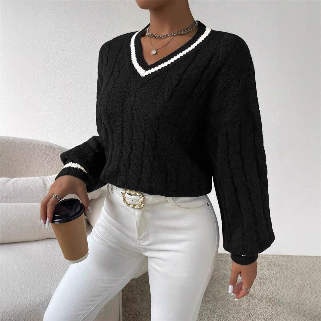 Knit sweater for women with a trendy V-neck and an elegant cable pattern Lune London
