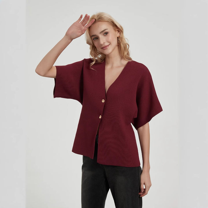 Ladies fashionable cardigan with deep V-neck and elegant button placket Lune London