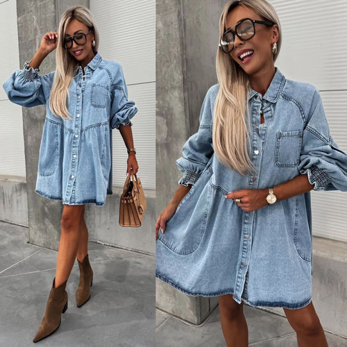 Robe chemise en denim pour femmes avec des manches volumineuses Chic & Stil